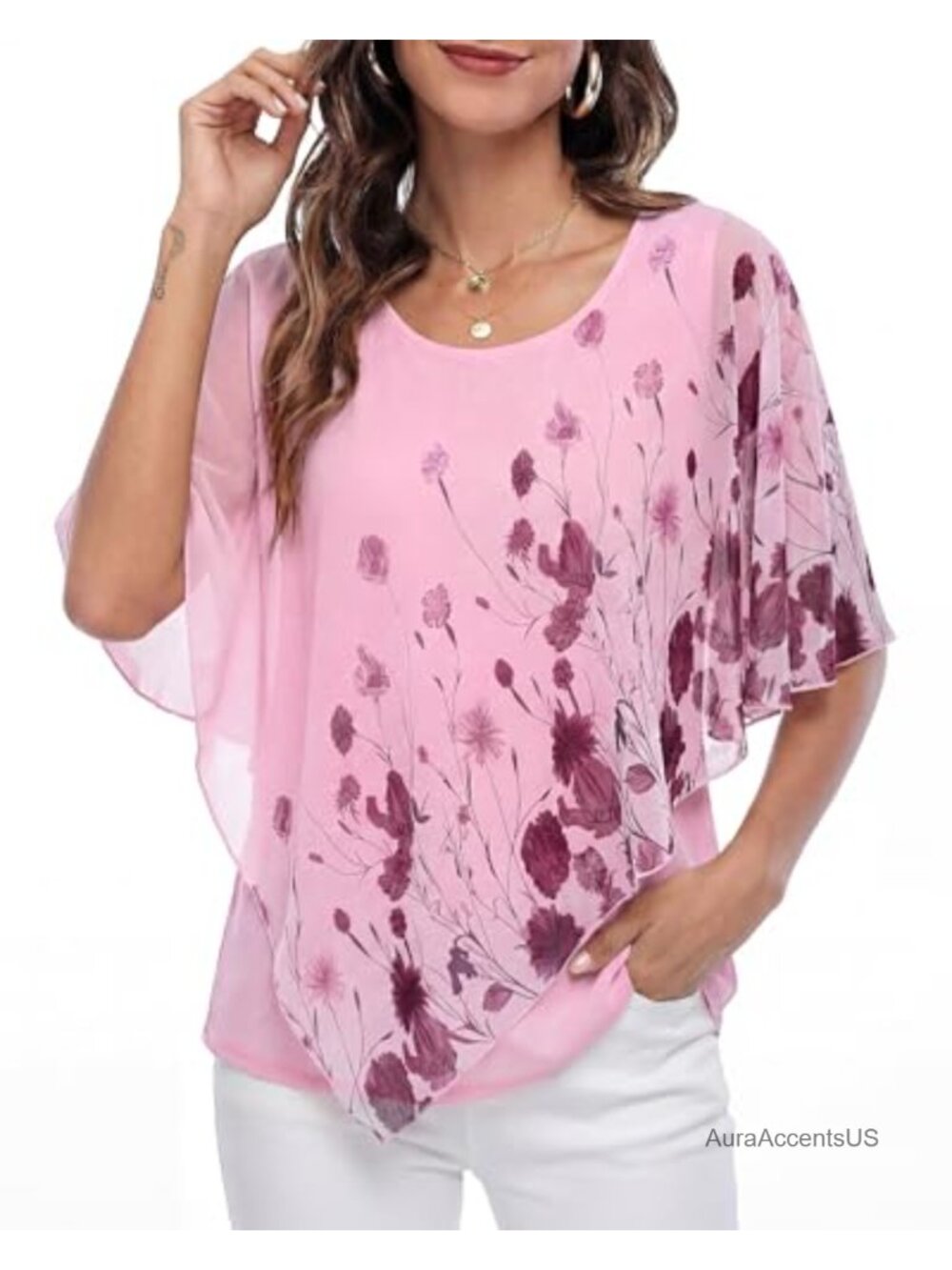 Chiffon Poncho Tunic Top Flowy Blouse Double Layer Short Sleeve